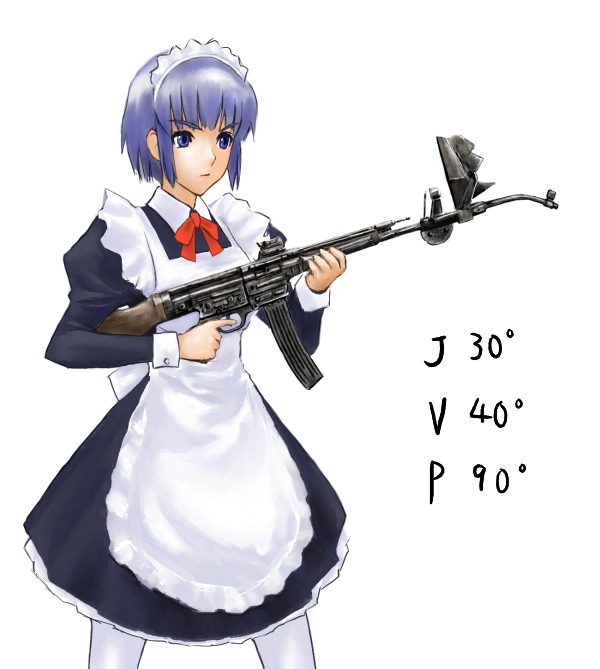 bad_id, blue_eyes, blue_hair, gun, krummlauf, maid, maid_headdress, mp44