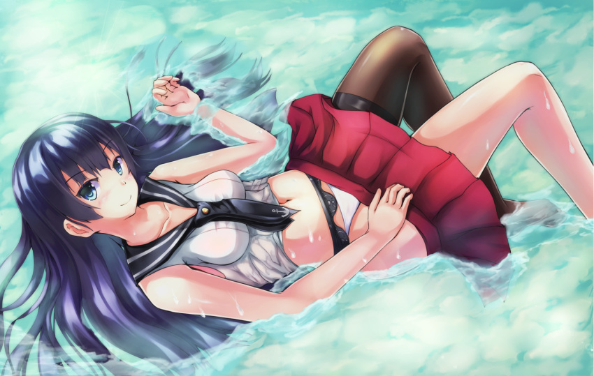 1girl, agano_(kantai_collection), black_hair, blue_eyes, female, kantai_collection, long_hair, navel, panties, skirt, solo, underwear, wasd, water, wet