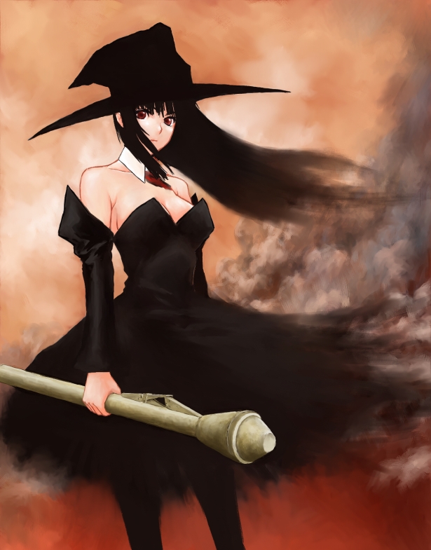 bare_shoulders, black_dress, black_hair, detached_sleeves, dress, hat, naga_hana, pantyhose