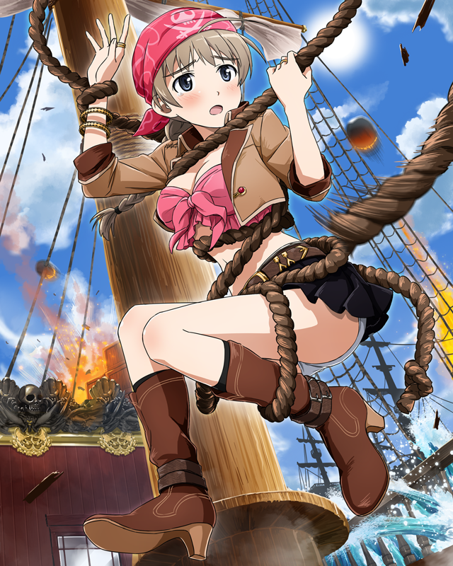 1girl, blue_eyes, blush, boots, bracelet, braid, breasts, brown_hair