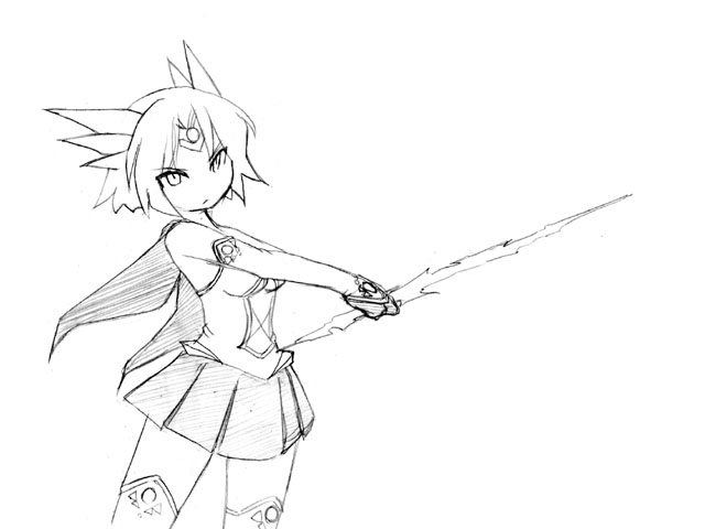 1girl, camel_(dansen), energy_sword, female, milia, milia_wars, monochrome, skirt