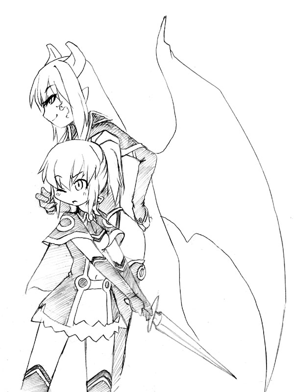 2girls, alma_elma, camel_(dansen), cecil_(mon-musu_quest!), female, mon-musu_quest!, monochrome, multiple_girls
