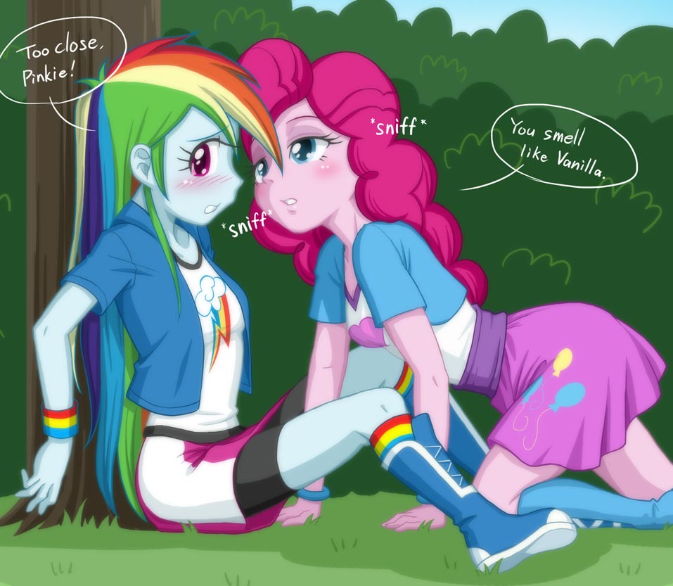 2girls, blush, english, multiple_girls, my_little_pony, my_little_pony_equestria_girls, my_little_pony_friendship_is_magic, personification, pinkie_pie, rainbow_dash, tagme, text, uotapo, yuri
