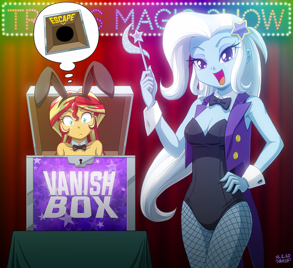 2girls, bunny_girl, bunnysuit, fishnets, leotard, magic_show, magician, multiple_girls