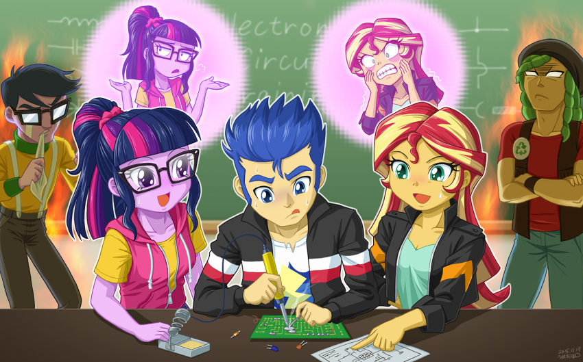 2girls, 3boys, circuit_board, flash_sentry, glasses, micro_chips, multiple_boys, multiple_girls