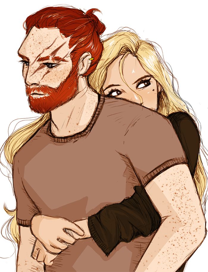 1boy, 1girl, beard, bill_weasley, blonde_hair, blue_eyes, couple, facial_hair