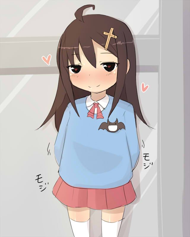 1girl, arms_behind_back, blush, child, closed_mouth, eyebrows, hair_ornament, heart