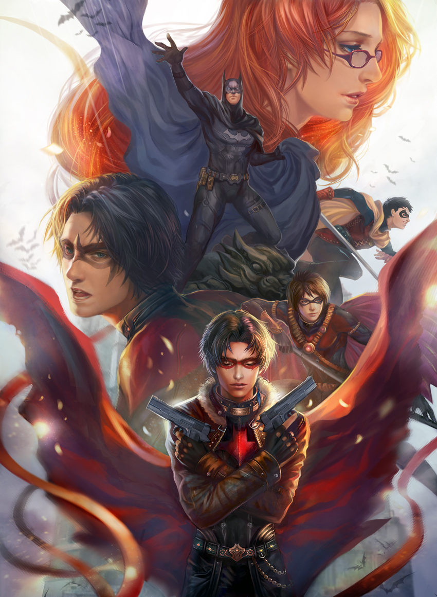 1girl, 5boys, barbara_gordon, batman, batman_(series), belt, black_hair, blue_eyes