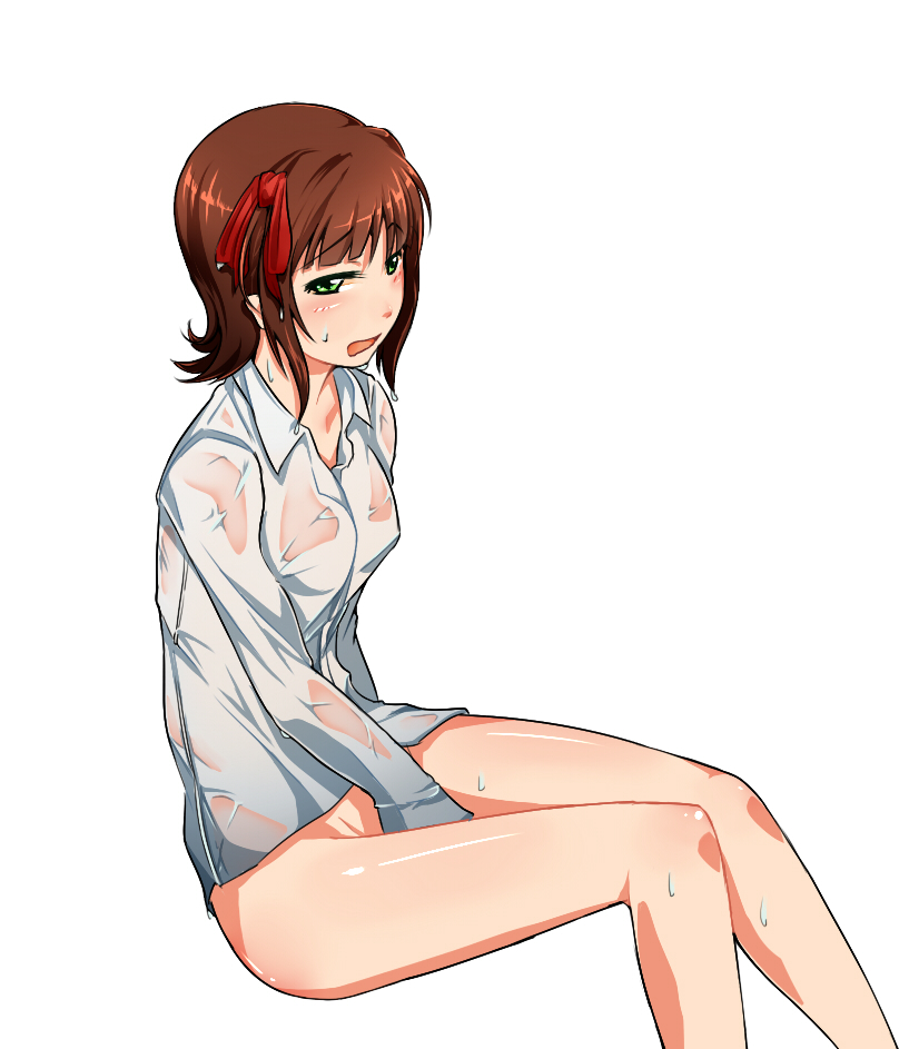 1girl, amami_haruka, between_legs, blush, bottomless, brown_hair, collarbone, eyebrows