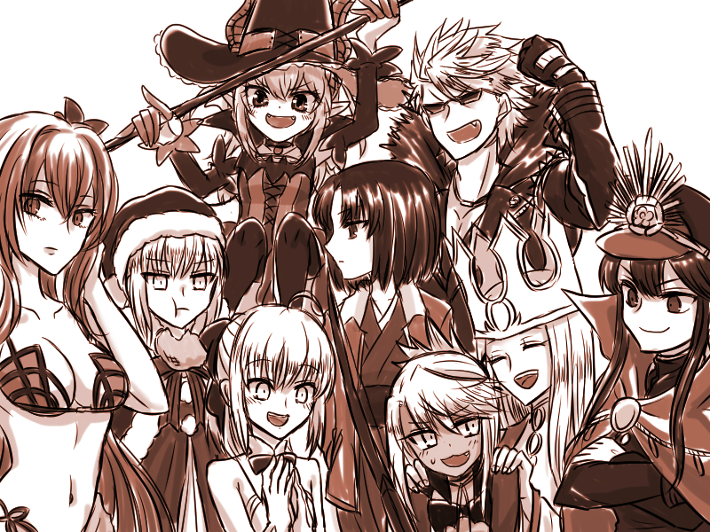 1boy, 6+girls, :d, :t, ^_^, ^o^, bikini, breasts, cape, chloe_von_einzbern, cleavage, closed_eyes, crossed_arms, crown, demon_archer, elizabeth_bathory_(fate/grand_order), fang, fate/grand_order, fate/kaleid_liner_prisma_illya, fate/stay_night, fate/unlimited_codes, fate/zero, fate_(series), flower, glasses, hair_flower, hair_ornament, hat, jacket, japanese_clothes, kara_no_kyoukai, kimono, koha-ace, lancer_(fate/extra_ccc), long_hair, looking_at_viewer, monochrome, multiple_girls, navel, open_mouth, ryougi_shiki, saber, saber_alter, saber_lily, sakata_kintoki_(fate/grand_order), sakata_kintoki_rider_(fate/grand_order), santa_alter, santa_hat, scathach_(fate/grand_order), scathach_(swimsuit_assassin)_(fate), simple_background, sleeveless, smile, sunglasses, sweatdrop, swimsuit, thigh-highs, trait_connection, white_background, yuko_(taxidermy)