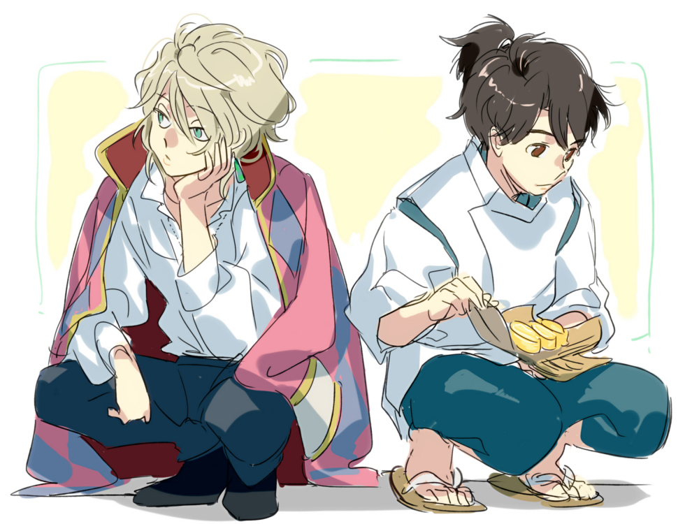 2boys, aldnoah.zero, aqua_eyes, blonde_hair, brown_eyes, brown_hair, coat, coat_on_shoulders, cosplay, crossover, earrings, full_body, haku, haku_(cosplay), head_rest, howl, howl_(cosplay), howl_no_ugoku_shiro, ichinose777, japanese_clothes, kaizuka_inaho, male_focus, multiple_boys, ponytail, sen_to_chihiro_no_kamikakushi, simple_background, slaine_troyard, studio_ghibli, traditional_clothes