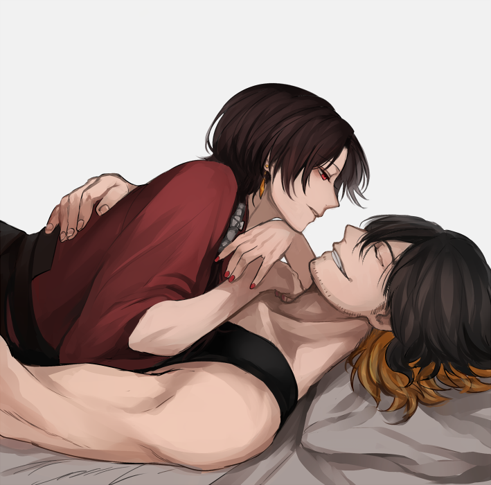 2boys, alternate_costume, androgynous, black_hair, blonde_hair, brown_hair, closed_eyes, earrings