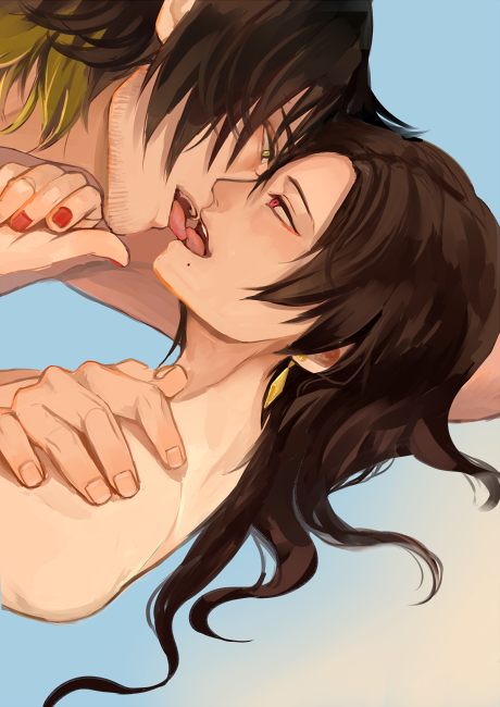 2boys, androgynous, beauty_mark, blonde_hair, blue_background, brown_hair, chin_grab, earrings