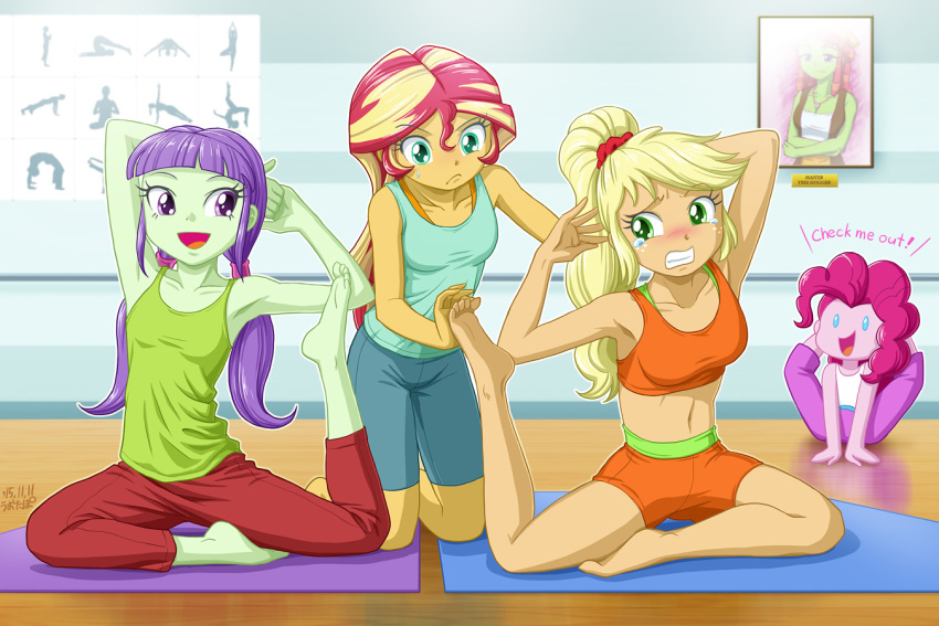 5girls, applejack, multiple_girls, my_little_pony, my_little_pony_equestria_girls, my_little_pony_friendship_is_magic, personification, pinkie_pie, starlight, sunset_shimmer, tagme, tears, tree_hugger, uotapo, yoga