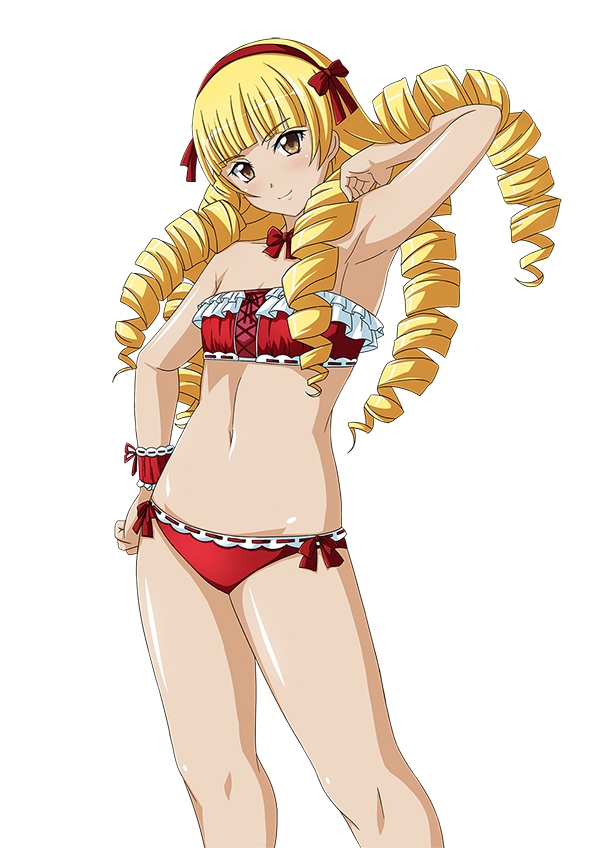 00s, 1girl, armpits, bikini, blonde_hair, breasts, brown_eyes, cleavage