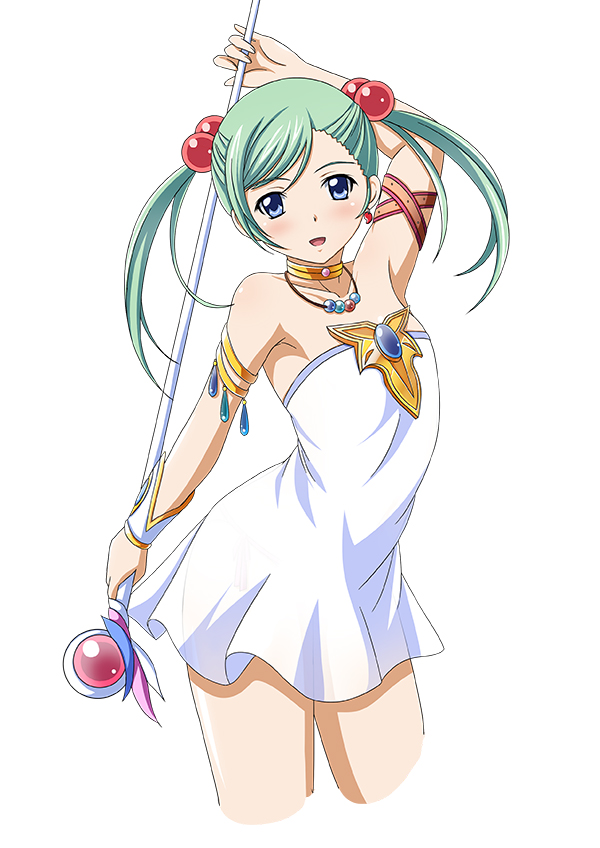 00s, 1girl, arm_up, bare_shoulders, blue_eyes, cropped_legs, dress, earrings, flat_chest, green_hair, hair_bobbles, hair_ornament, holding, ikkitousen, jewelry, long_hair, looking_at_viewer, magatama_earrings, necklace, open_mouth, see-through_silhouette, shokatsuryou_koumei, simple_background, solo, staff, strapless, strapless_dress, twintails, white_background, white_dress