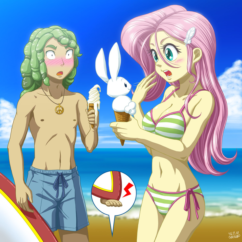 1boy, 1girl, beach, bikini, blush, fluttershy, ice_cream, my_little_pony, my_little_pony_equestria_girls, my_little_pony_friendship_is_magic, personification, rabbit, sandalwood, surfboard, swimsuit, tagme, uotapo