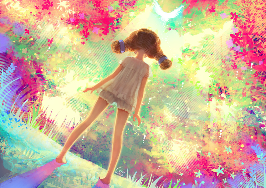 1girl, angju, barefoot, bird, bloomers, brown_hair, dutch_angle, from_behind