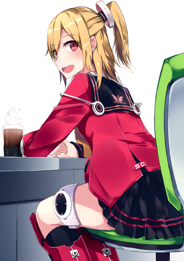 1girl, blonde_hair, emilia_percival, glass, hair_ornament, long_hair, noe_(mabue), open_mouth