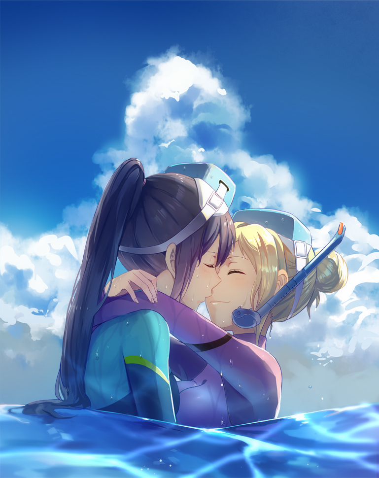 2girls, ^_^, alternate_hairstyle, asymmetrical_docking, blonde_hair, blue_hair, breast_press, closed_eyes, clouds, cloudy_sky, day, diving_mask_on_head, diving_suit, face-to-face, hair_bun, hug, incipient_kiss, long_ponytail, love_live!, love_live!_sunshine!!, matsuura_kanan, multiple_girls, ocean, ohara_mari, outdoors, partially_submerged, ponytail, sky, smile, u_u, usamin_(artist), wet, wet_clothes, wetsuit, yuri