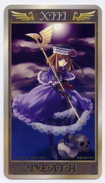 1girl, bangs, blue_eyes, bow, death_(tarot_card), dress, eva_beatrice, hat