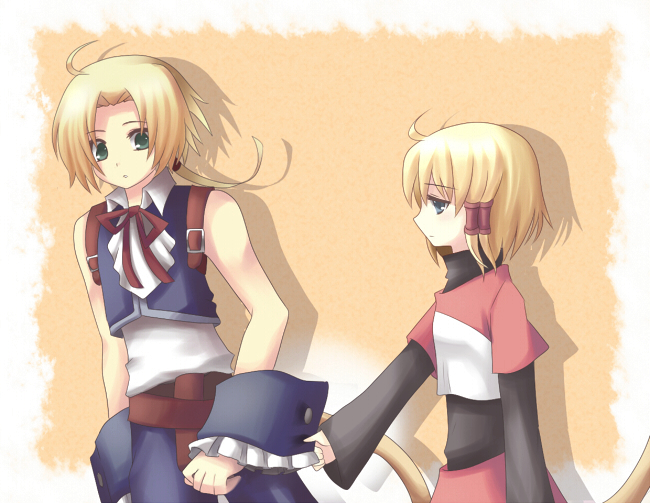 brother_and_sister, final_fantasy, final_fantasy_ix, green_eyes, long_hair, mayachi_(amuriya), mikoto, mikoto_(ffix), ponytail, rate_(pixiv), sad, short_hair, siblings, tail, zidane_tribal