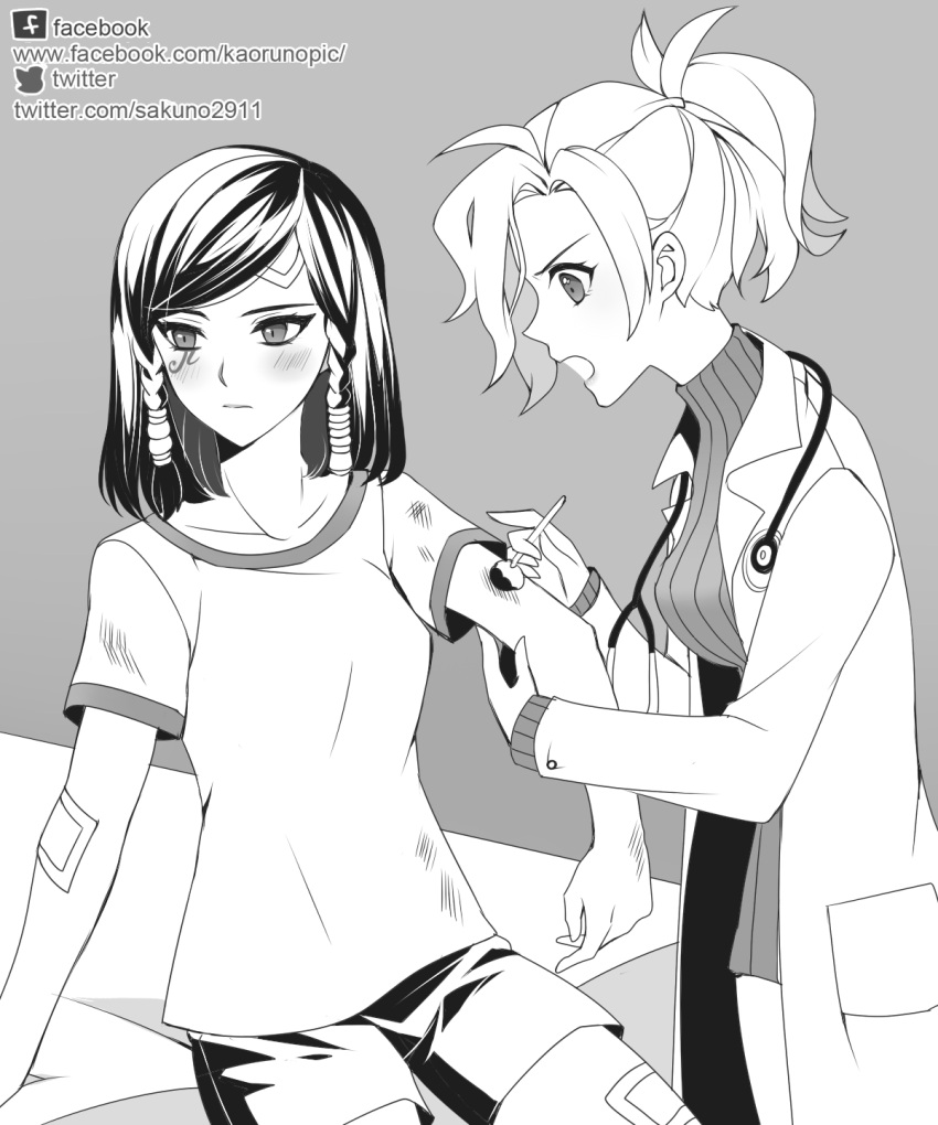 2girls, artist_name, atobesakunolove, bandaid_on_forehead, bandaid_on_leg, bandaid_on_shoulder, bangs, blush
