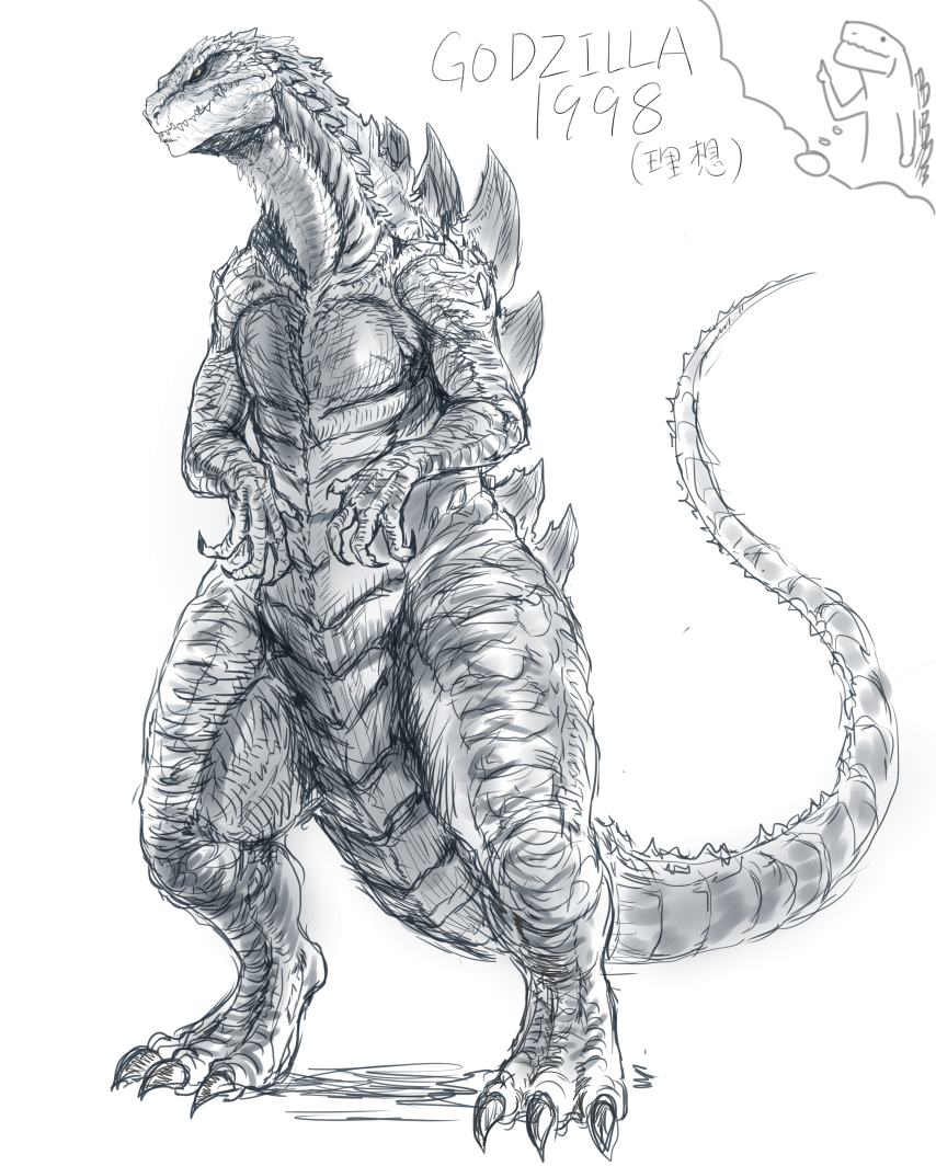 dual_persona, fusion, godzilla, godzilla_(series), kaijuu, monochrome, no_humans, thought_bubble