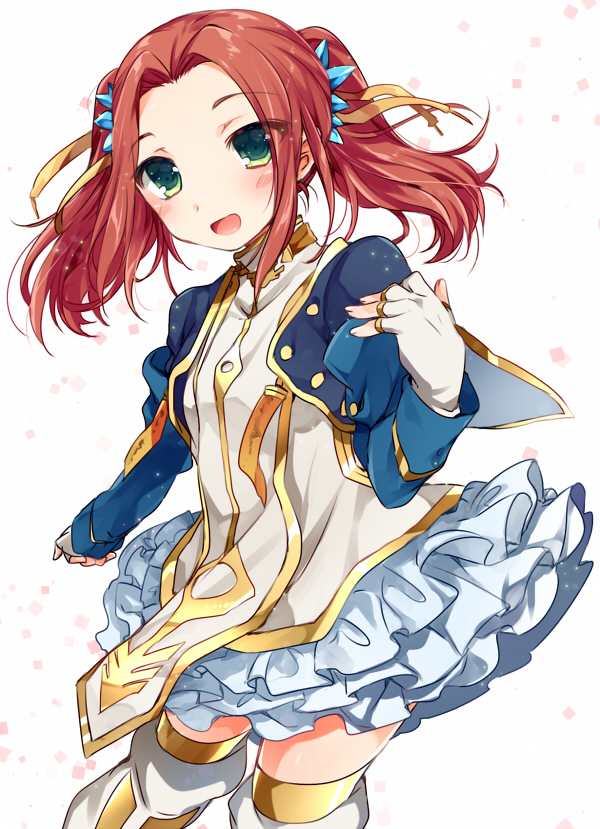 1girl, blue_skirt, blush, cowboy_shot, cropped_jacket, eleanor_hume, fingerless_gloves, frilled_skirt