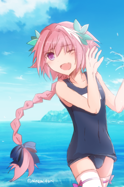 1boy, blue_swimsuit, braid, bulge, fang, fate/apocrypha, fate_(series), hair_ornament, hair_ribbon, long_hair, minafuni, ocean, old_school_swimsuit, one_eye_closed, open_mouth, pink_hair, ribbon, rider_of_black, single_braid, sky, smile, solo, splashing, swimsuit, thigh-highs, trap, twitter_username, violet_eyes, white_legwear