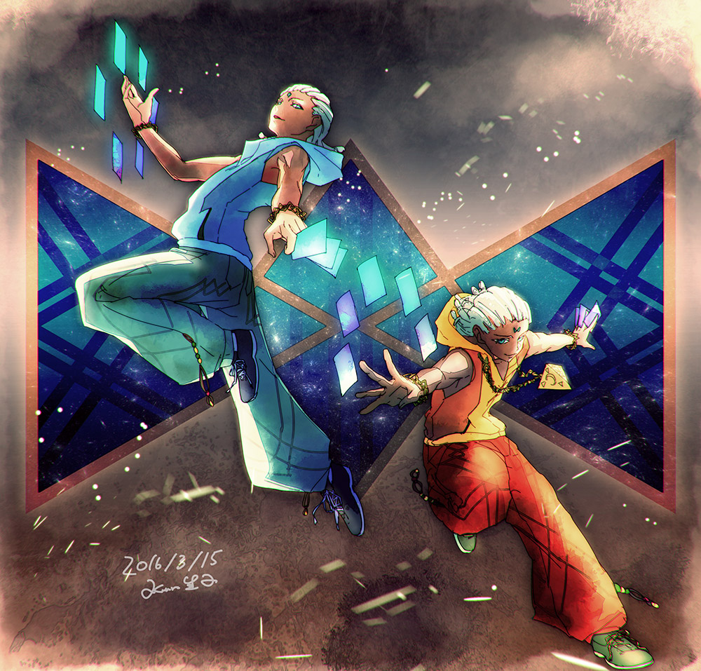2boys, artist_name, bayonetta, bayonetta_2, blue_eyes, bracelet, dark_skin, dated