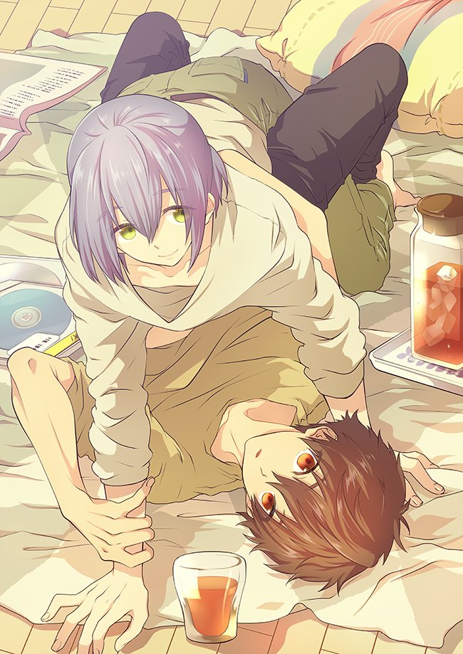 2boys, book, boy_on_top, brown_hair, cd, drink, floor, full_body