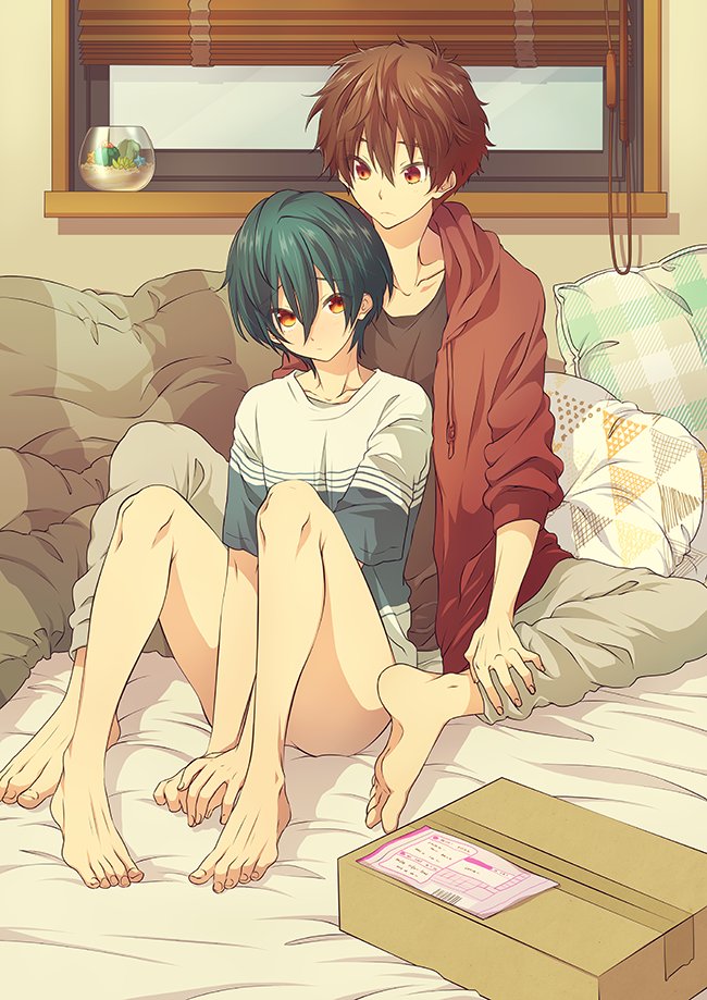 2boys, barefoot, bed, bottomless, brothers, brown_hair, full_body, green_hair