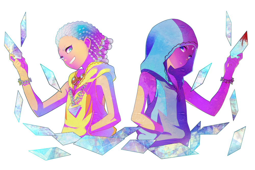 2boys, bayonetta, bayonetta_2, blood, blue_eyes, bracelet, dark_skin, facial_mark