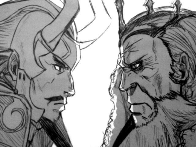 2boys, armor, beard, black_hair, coat, collar, confrontation, crown