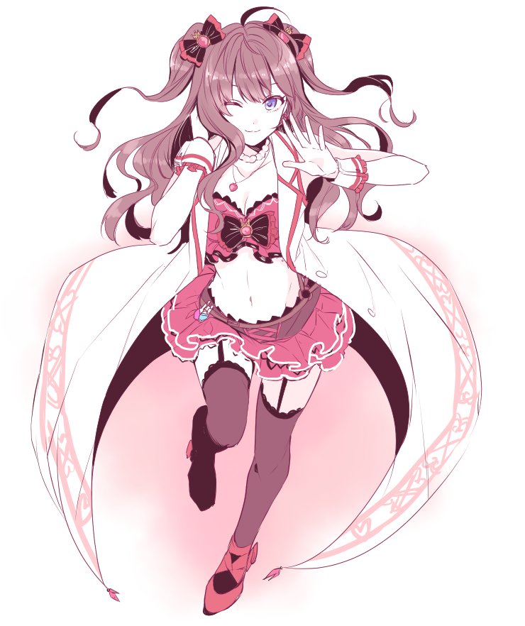 1girl, blue_eyes, breasts, brown_hair, cleavage, full_body, garter_straps, ichinose_shiki