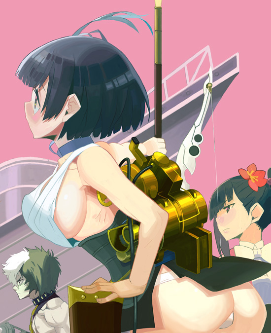 1boy, 2girls, ass, black_hair, breasts, brown_hair, flower, glasses, hair_flower, hair_ornament, holding, holding_weapon, ikoma_(kabaneri), koutetsujou_no_kabaneri, multiple_girls, mumei_(kabaneri), panties, polearm, sideboob, topless, underwear, weapon, white_hair, white_panties, yomogawa_ayame, yuuki_(irodo_rhythm)