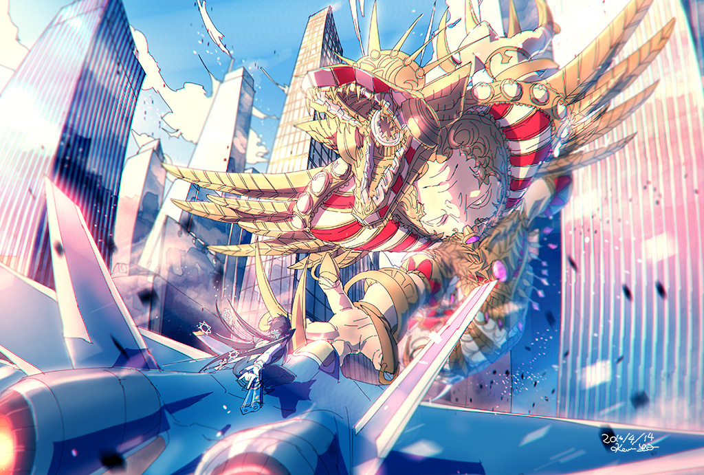1girl, bayonetta, bayonetta_(character), bayonetta_2, black_hair, building, city, fangs