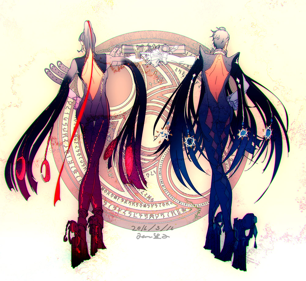 2girls, artist_name, at_gunpoint, back, bayonetta, bayonetta_(character), bayonetta_2, black_hair, cutout, earrings, from_behind, full_body, gun, hand_on_hip, high_heels, kara_ikuko, moon, multiple_girls, multiple_persona, simple_background, weapon