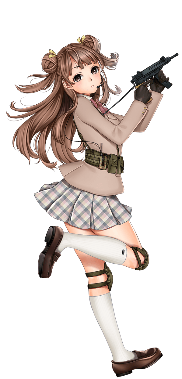 1girl, brown_eyes, brown_hair, double_bun, full_body, gloves, gun, highres