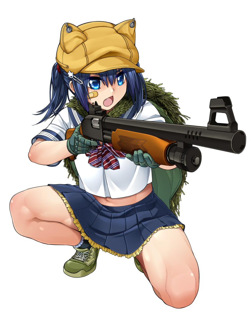 1girl, animal_ears, bandaid, bandaid_on_face, blonde_hair, blue_eyes, camouflage, fake_animal_ears