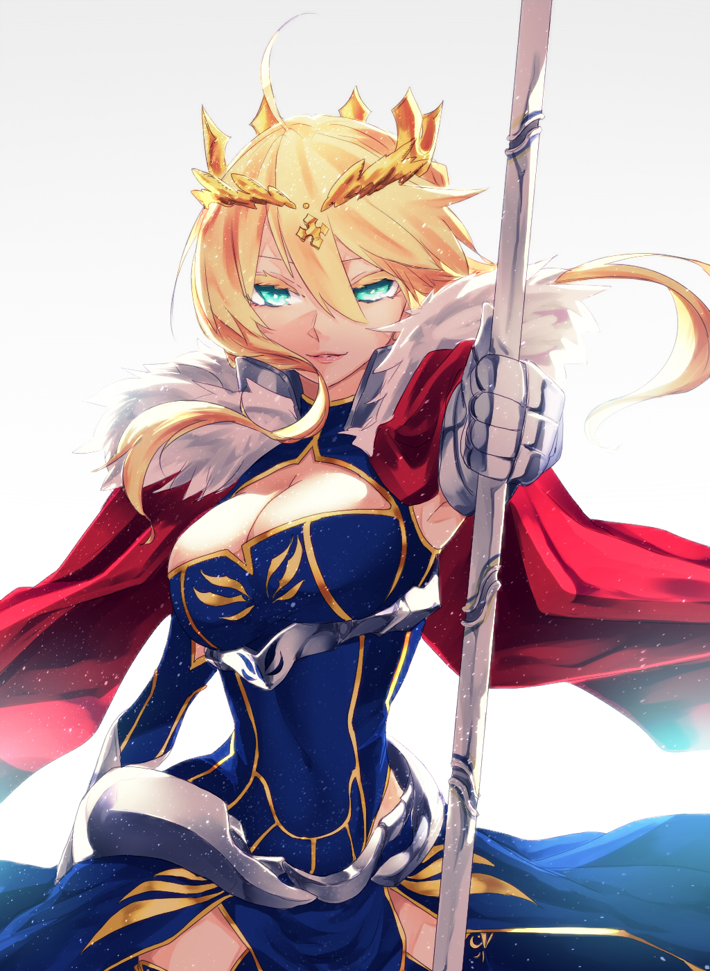 1girl, artoria_pendragon_lancer_(fate/grand_order), blonde_hair, blue_eyes, breasts, cape, cleavage_cutout, cowboy_shot