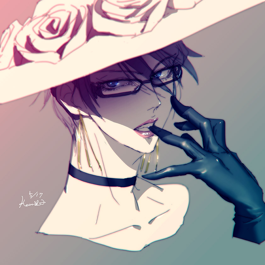 1girl, artist_name, bayonetta, bayonetta_(character), bayonetta_2, biting, black_gloves, black_hair