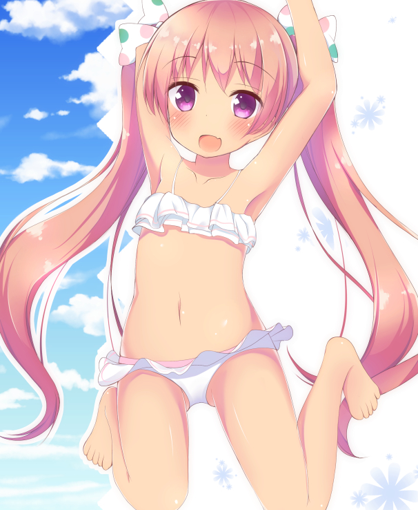1girl, armpit, barefoot, bikini, blush, child, clouds, day, eyebrows, eyebrows_visible_through_hair, feet, hair_ornament, hair_ribbon, jumping, kantai_collection, libeccio_(kantai_collection), long_twintails, looking_at_viewer, navel, no_nose, open_mouth, ponpon_(tosico), ribbon, shiny, shiny_hair, shiny_skin, sky, solo, swimsuit, twintails
