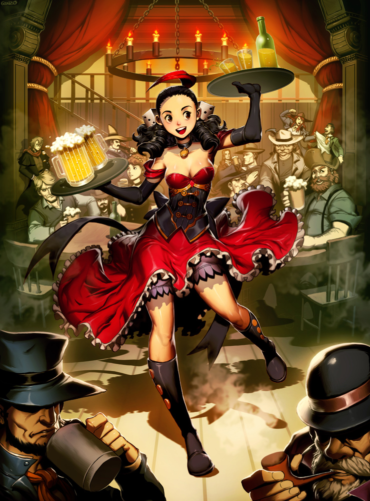 bare_shoulders, beer, black_hair, bloomers, boots, breasts, brown_eyes, candle, chandelier, choker, cleavage, corset, cowboy, curly_hair, dice, feather, genzoman, hair_ornament, happy, original, ribbon, rose_(the_wanderer), saloon, saloon_girl, smile, the_wanderer, twintails, western