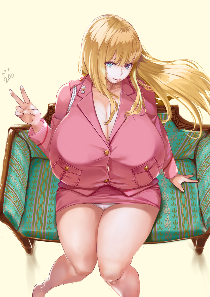 1girl, akimoto_katherine_reiko, blonde_hair, blue_eyes, breasts, bursting_breasts, cleavage, couch