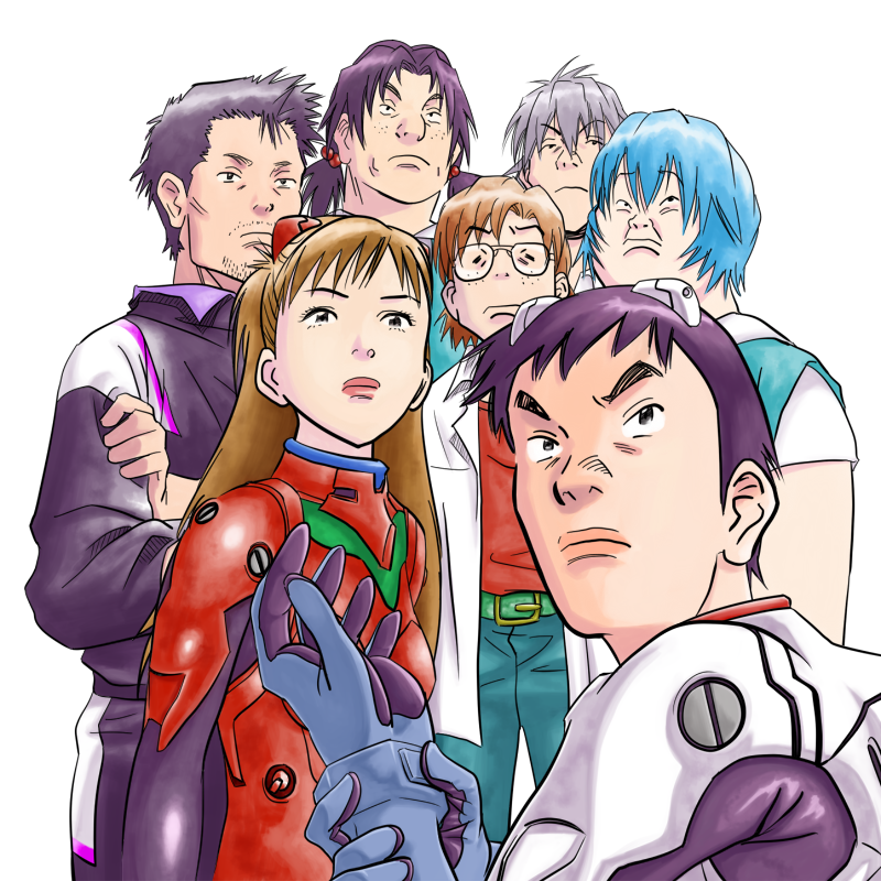 aida_kensuke, ayanami_rei, blue_hair, brown_hair, commentary, endou_kenji, freckles, fukubei, glasses, horaki_hikari, ikari_shinji, kurou_(kinkuro), maruo, nagisa_kaworu, neon_genesis_evangelion, ochiai_chouji, parody, plugsuit, school_uniform, setoguchi_yukiji, shimon_masaaki, souryuu_asuka_langley, suzuhara_touji, yoshitsune_(20th_century_boys)