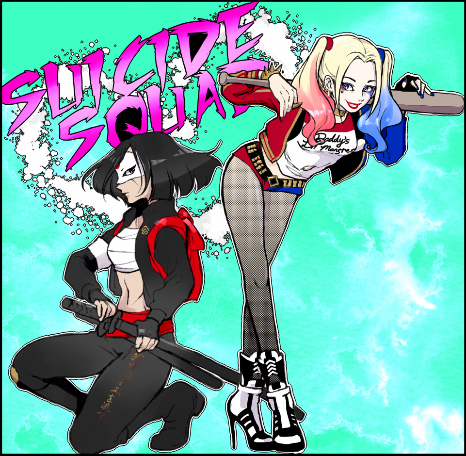 1girl, 2girls, baseball_bat, batman_(series), black_hair, breasts, dc_comics, harley_quinn