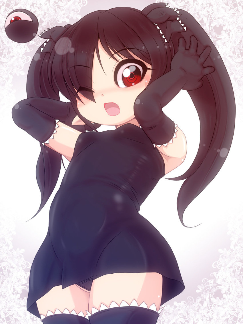 1girl, beako, black_dress, black_gloves, black_hair, black_legwear, black_panties, child