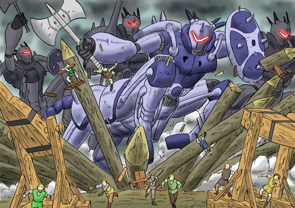 axe, battle_axe, blonde_hair, brown_hair, centaur, destruction, double_bladed_axe, falling